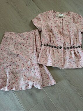 Vintage Neiman Marcus Beaded Tweed Skirt Suit Set Sz 6 Pink Red